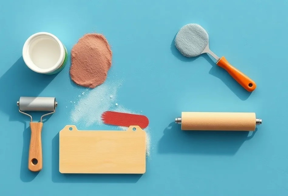 Outils de peinture disposés dans l'ordre des étapes du chantier