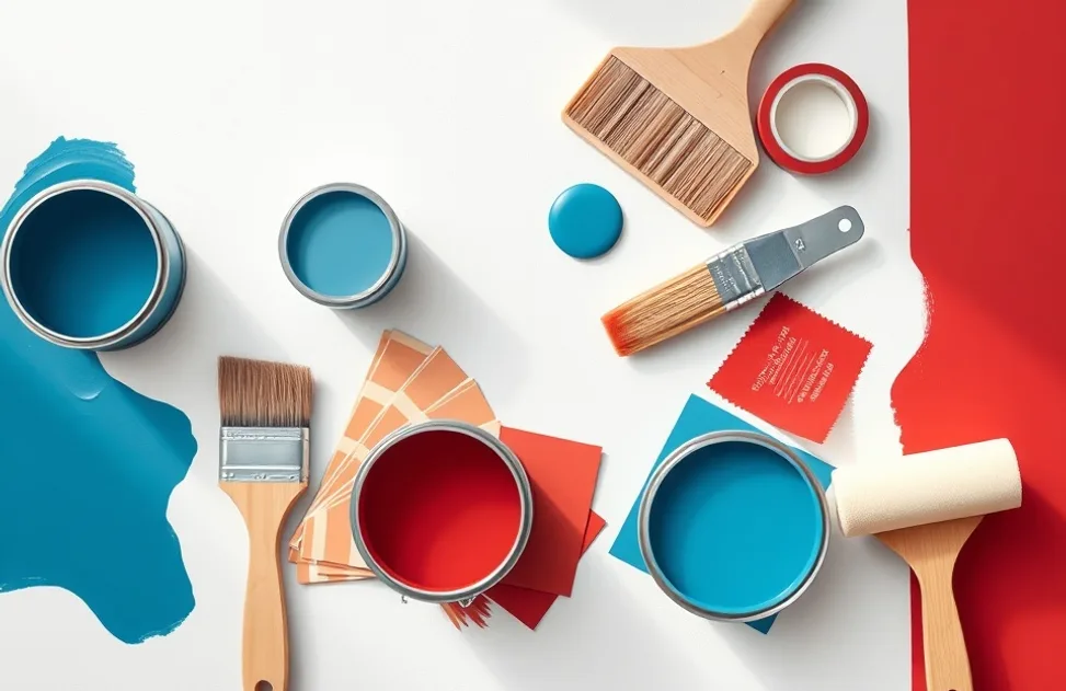Pots de peinture, nuancier, brosses et rouleaux disposés à plat