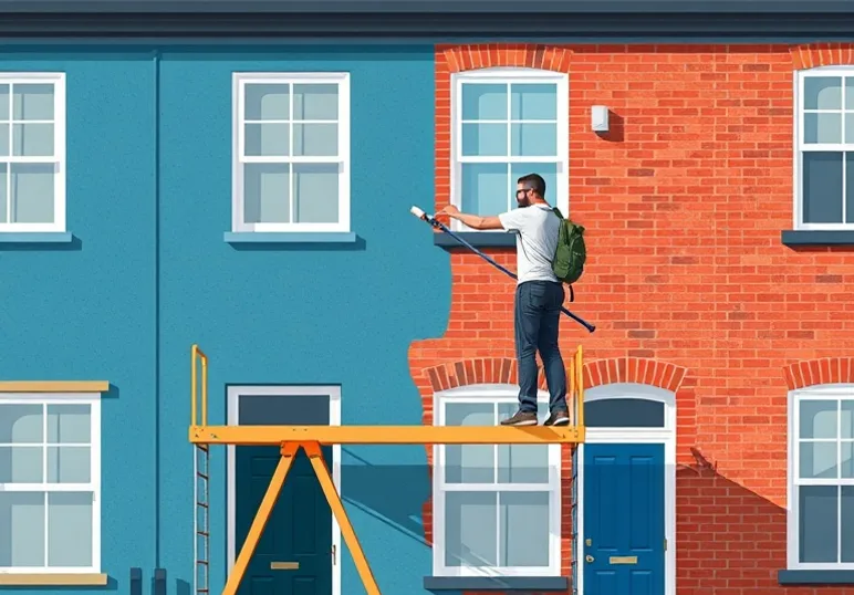 Peintre sur échafaudage traitant la façade d'une maison