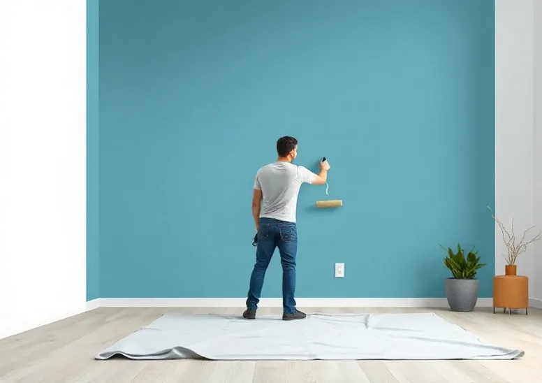 Peintre appliquant la peinture au rouleau sur un mur de salon